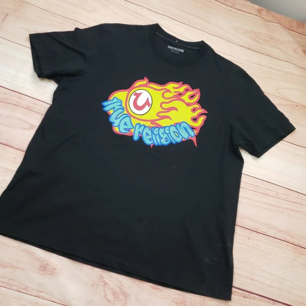 True‎ Religion Shirt Mens 2XL XXL Black Red Flame Short Sleeve Casual Adult